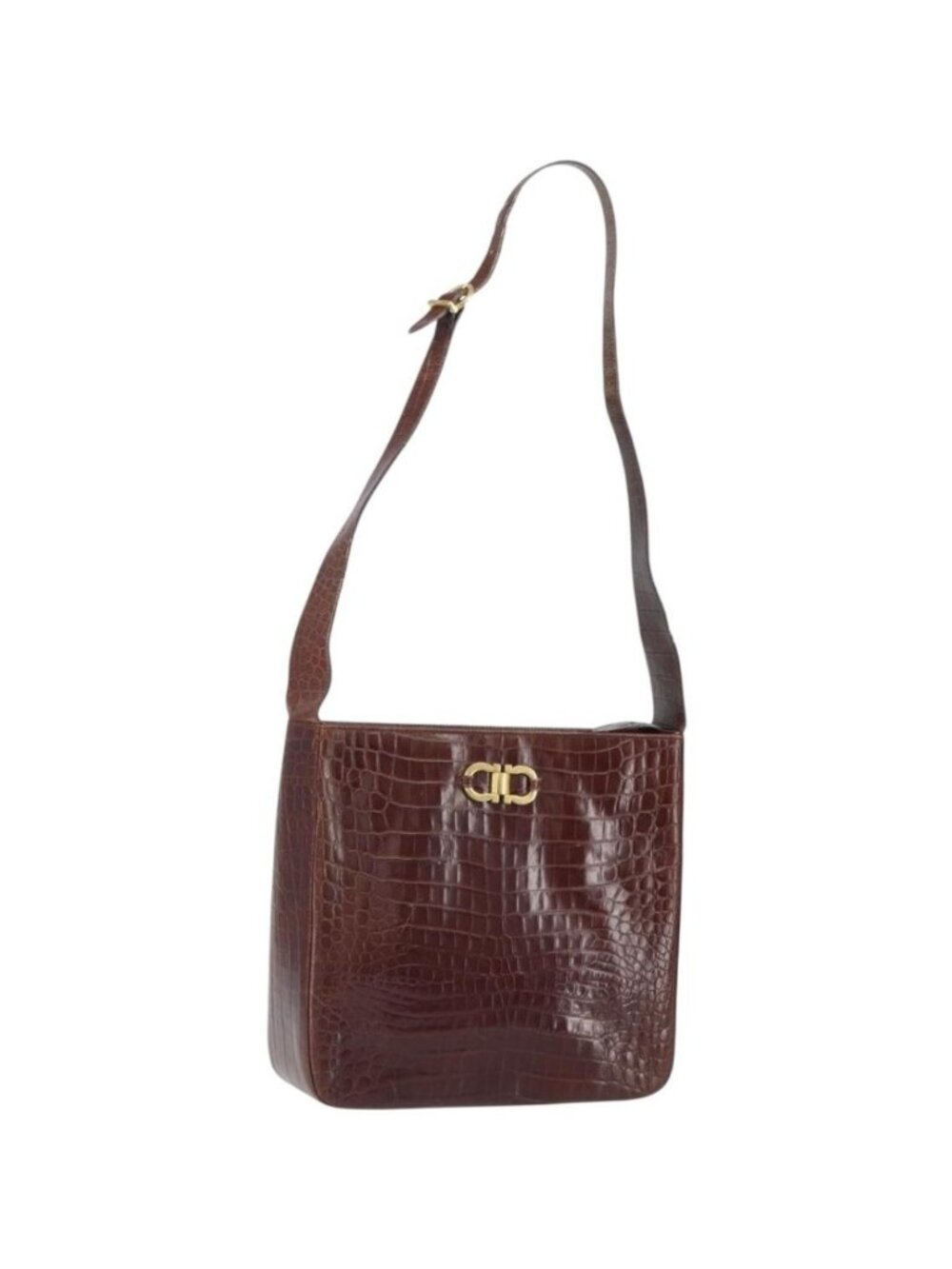 Salvatore Ferragamo Gancini Shoulder Bag Embossed leather Brown Gold